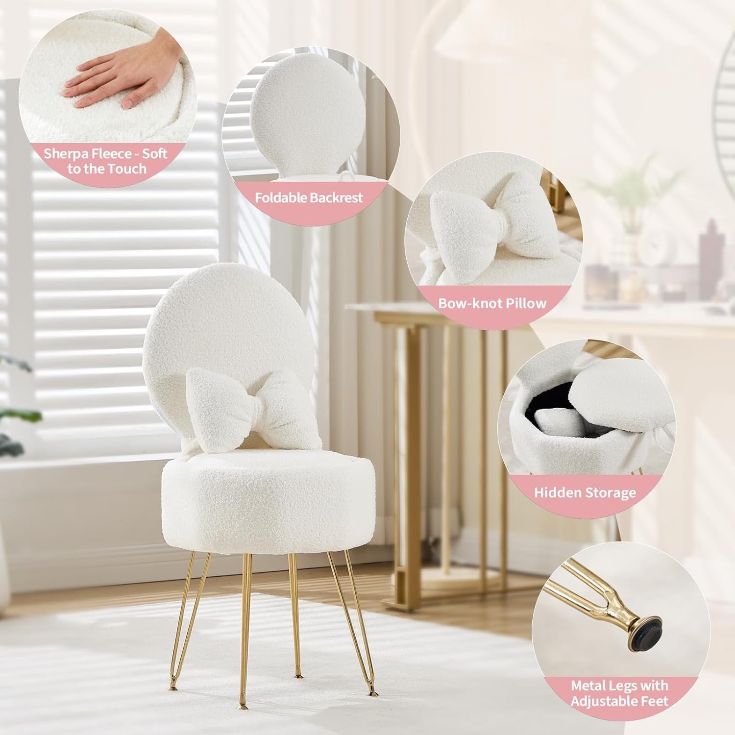 White Sherpa Vanity Chair with Storage & Foldable Back – Makeup Stool