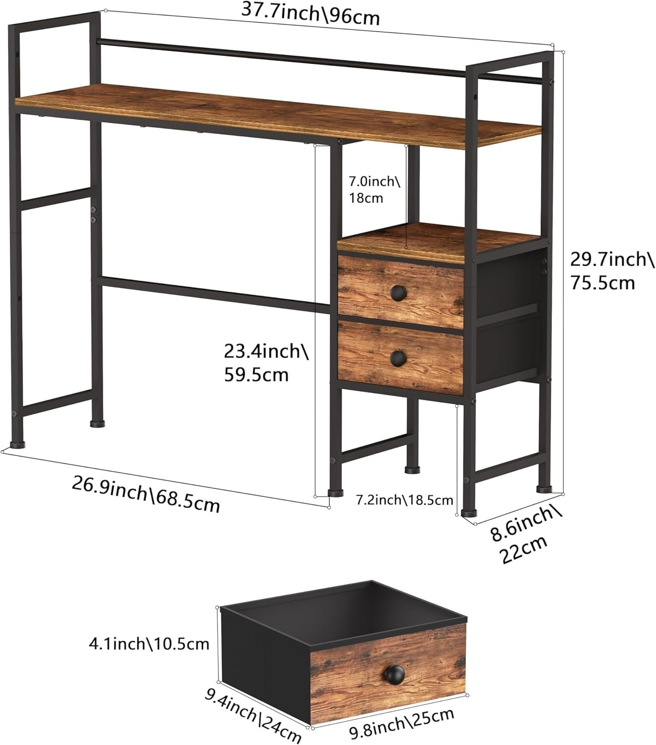 39" Desk Hutch Shelf Rustic Brown | 4-Tier Desktop Organizer Rack with Drawers