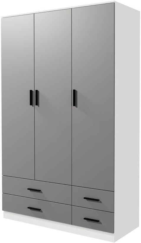 White Grey 3 Door Wardrobe with 4 Drawers Hanging Rail Bedroom Storage