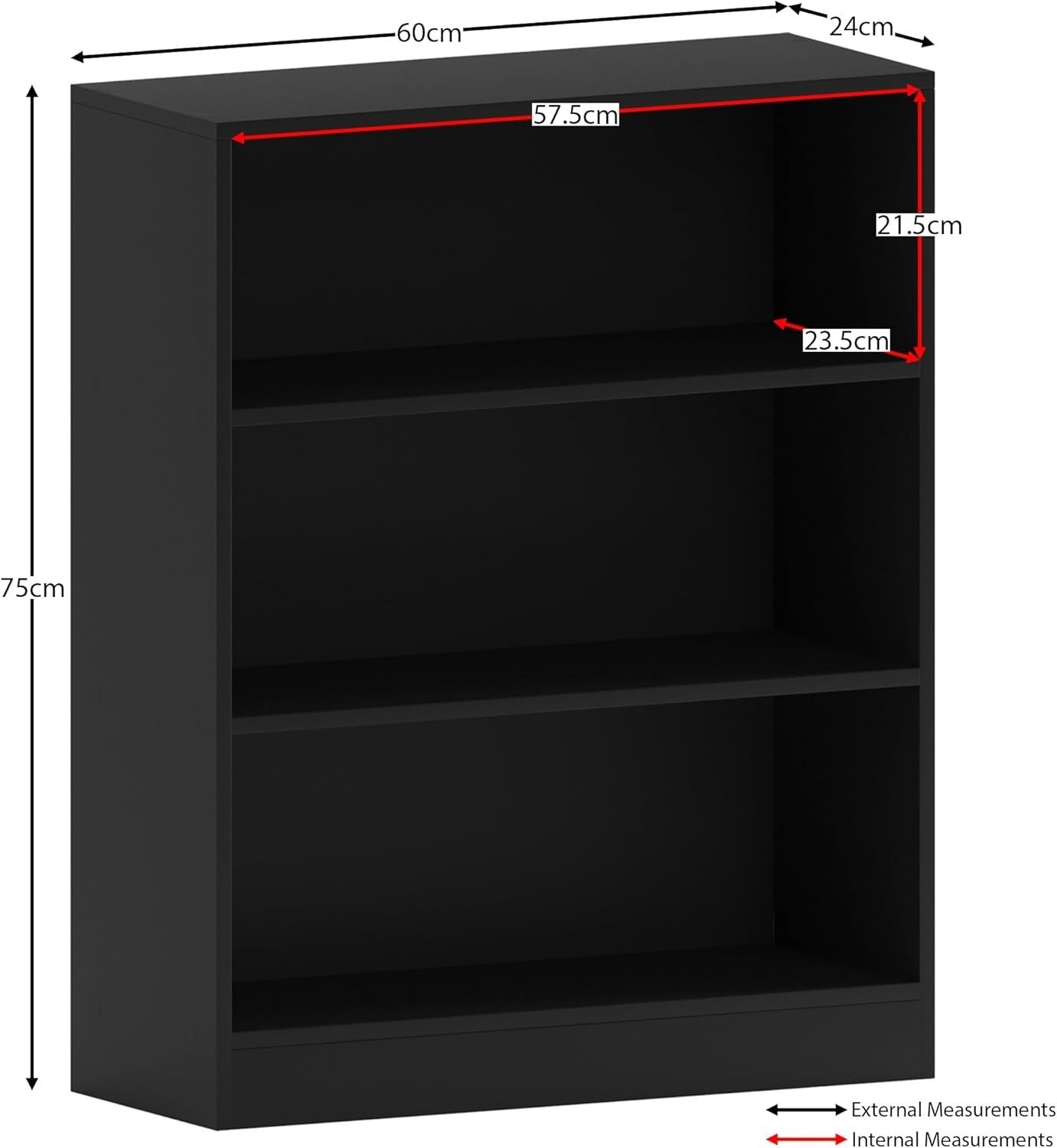 3 Tier Black Wooden Bookcase Modern Storage Display Shelf for Living Room Low