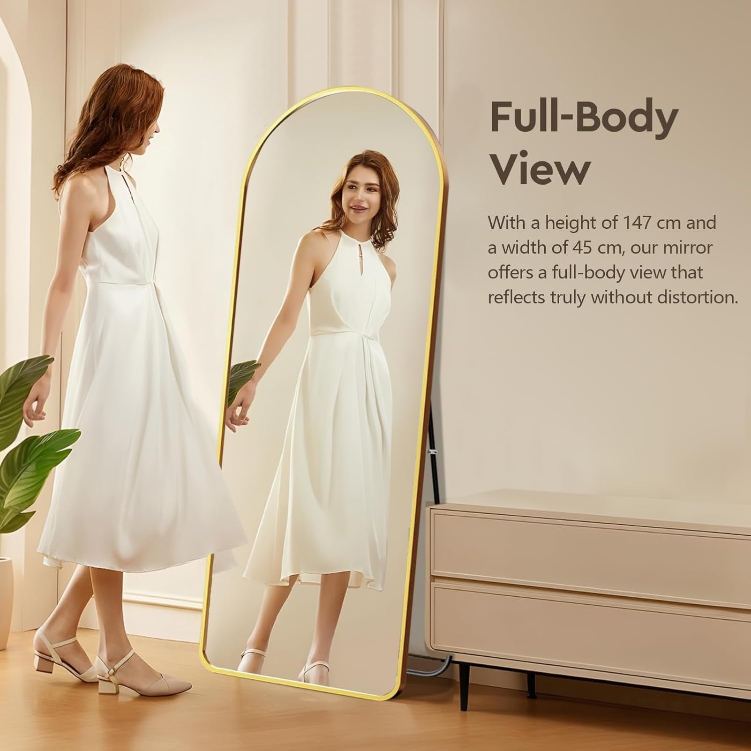Gold Full-Length Floor Mirror 147x45cm with Dual Mounting & Stand
