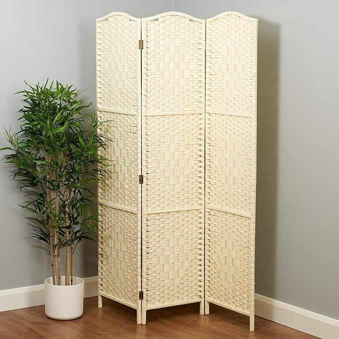 3-Panel Solid Weave Wicker Room Divider Folding Privacy Screen Cream