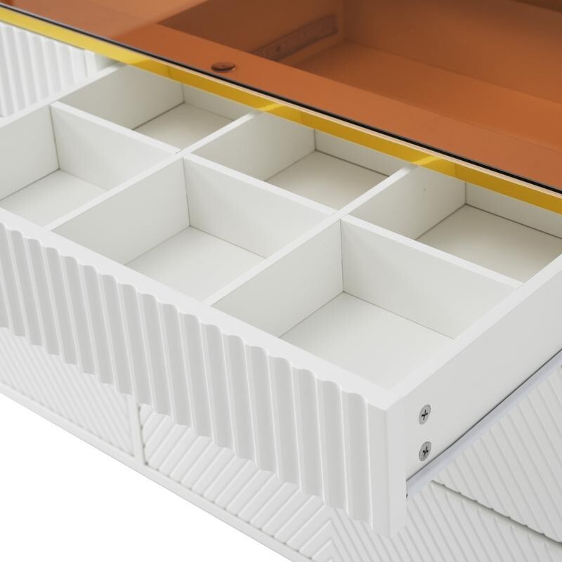 Modern 6 Drawer Dresser Sideboard Cabinet Amber Glass Top Storage Unit