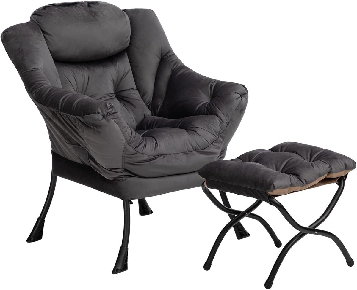 Dark Grey Velvet Armchair with Footstool Living Room Lounge Relax Seat
