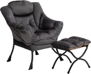 Dark Grey Velvet Armchair with Footstool Living Room Lounge Relax Seat