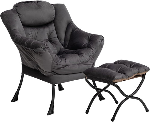 Dark Grey Velvet Armchair with Footstool Living Room Lounge Relax Seat