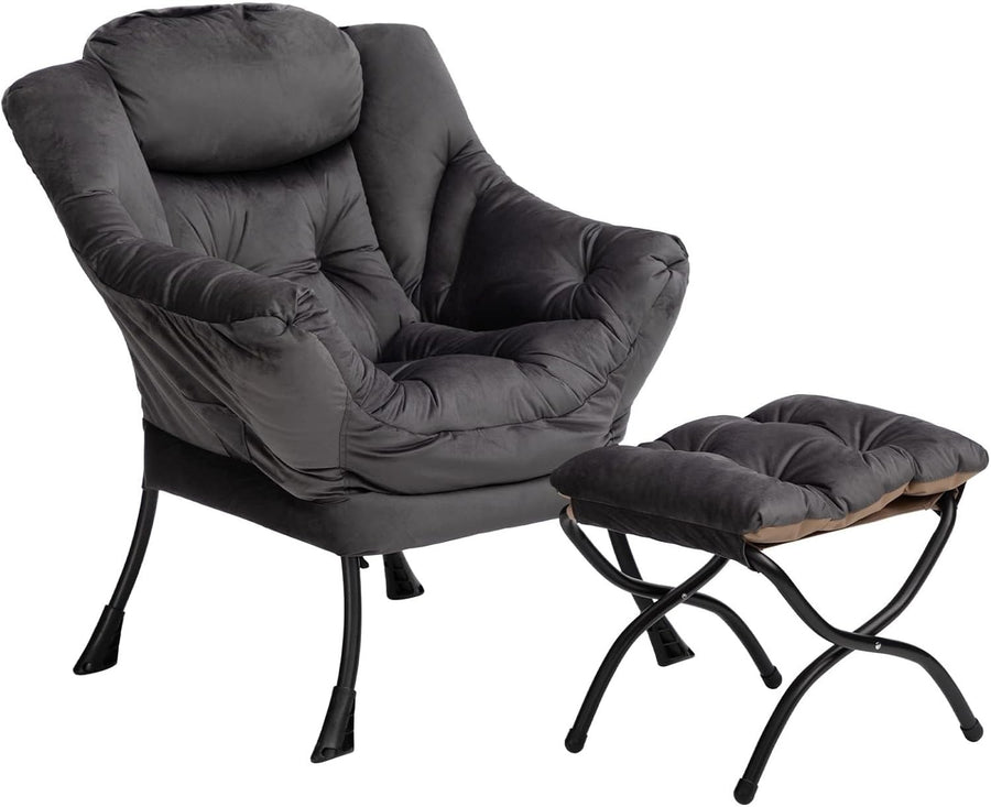 Dark Grey Velvet Armchair with Footstool Living Room Lounge Relax Seat