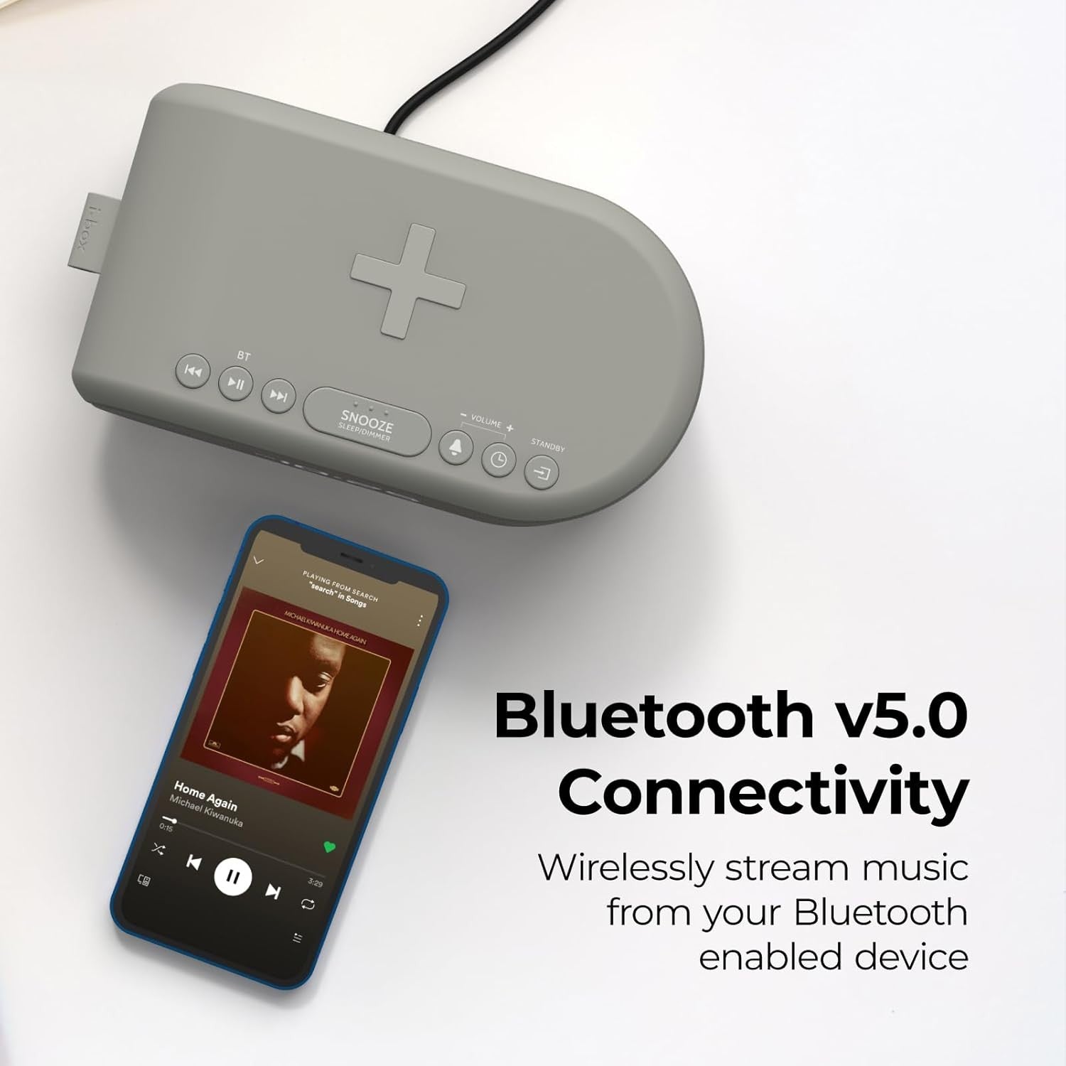 Grey Wireless Charging Alarm Clock Bluetooth Speaker FM Radio Dual Alarm