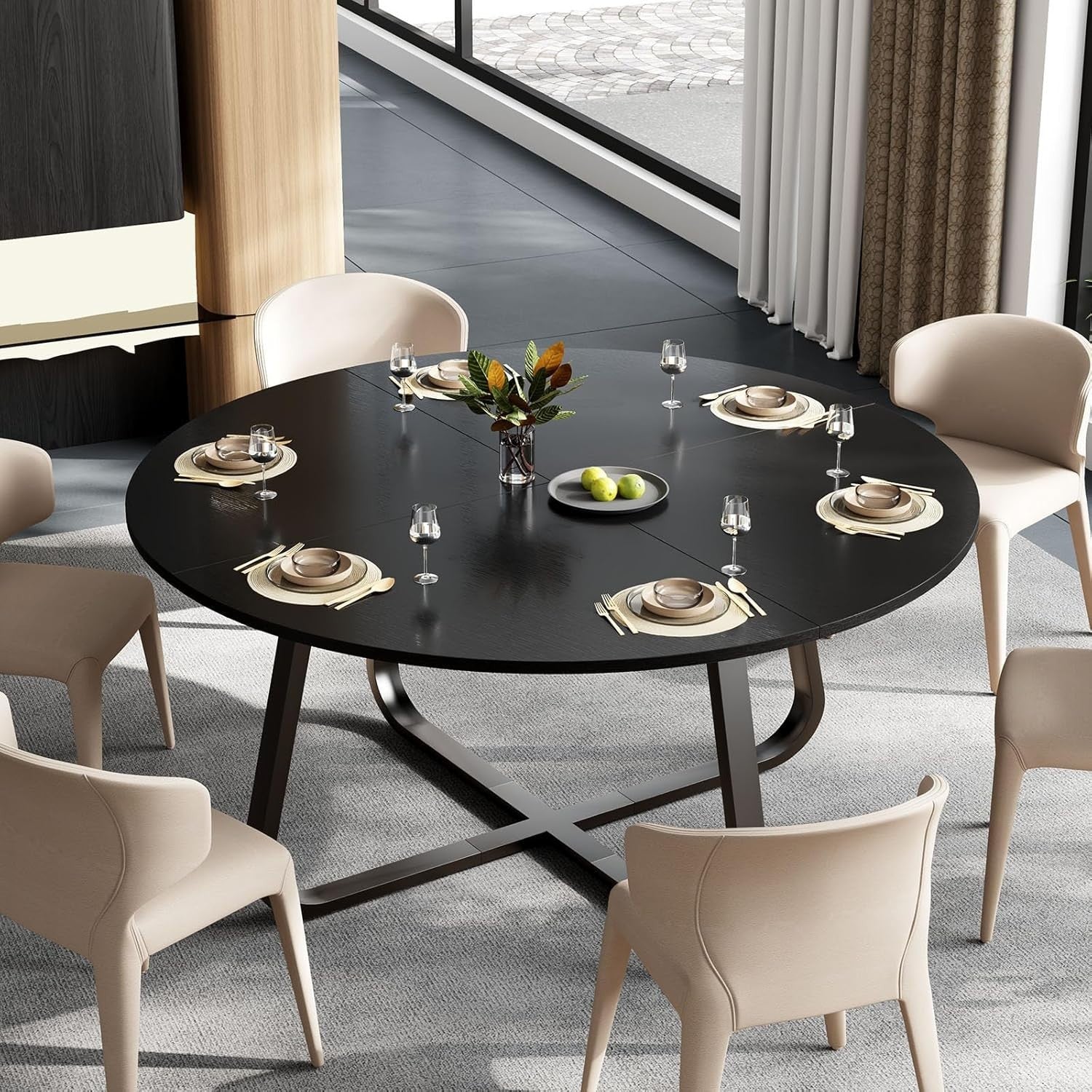 Round Black Dining Table 4-6 Seater Wood Metal Kitchen Home 130cm