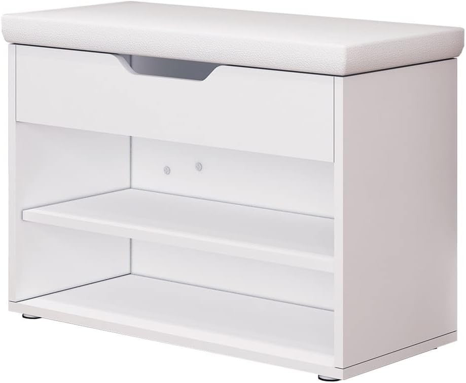 Modern White Shoe Storage Bench with Cushion, 2-Tier Rack & Hidden Compartment