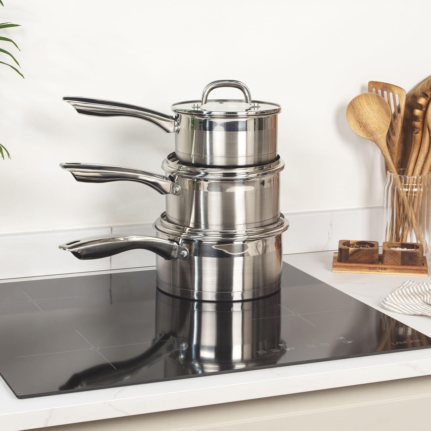 3pcs Stainless Steel Saucepan Set – 16 18 & 20 cm Induction Pans with Glass Lids