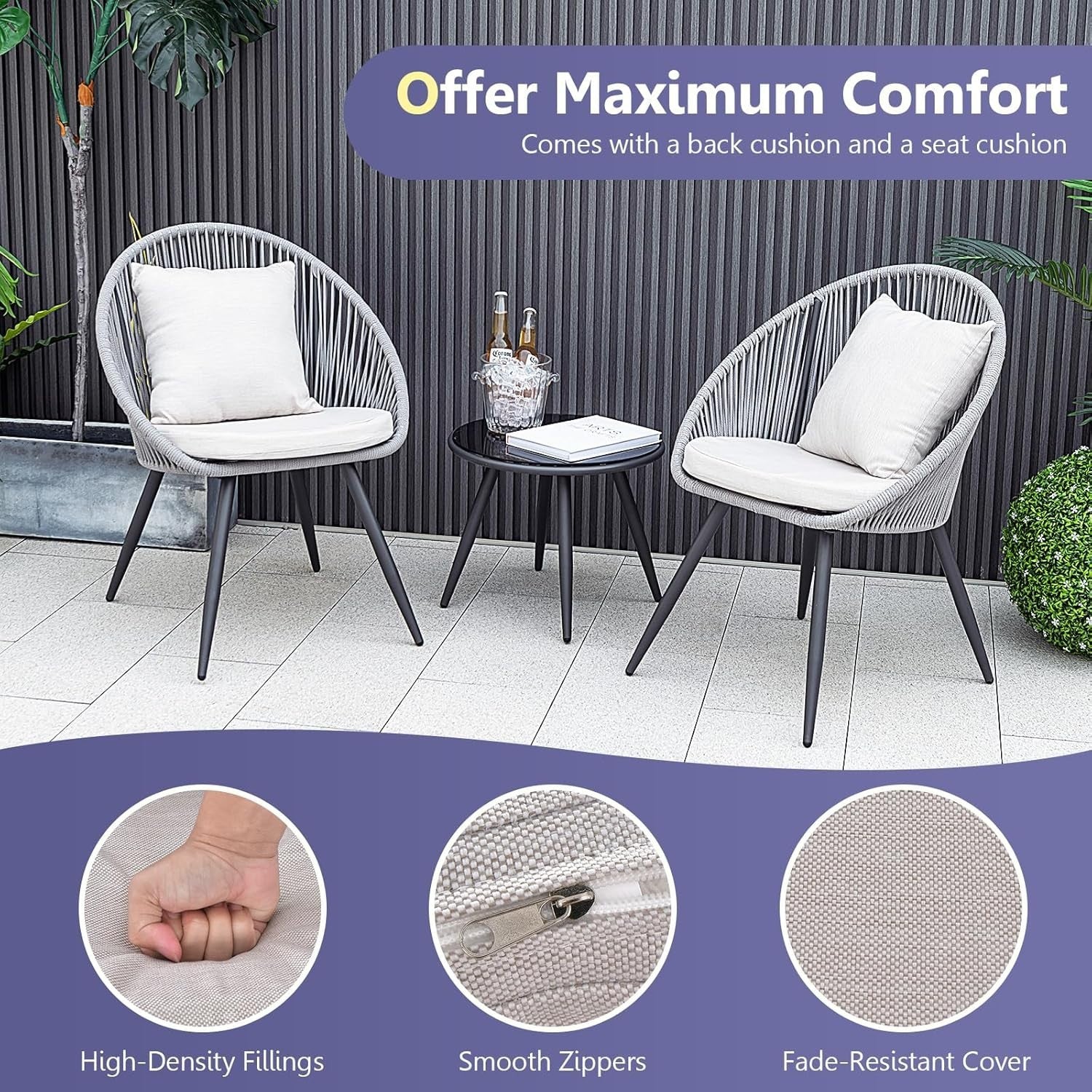 3pc Outdoor Rattan Bistro Set Chairs & Glass Table for Patio Garden