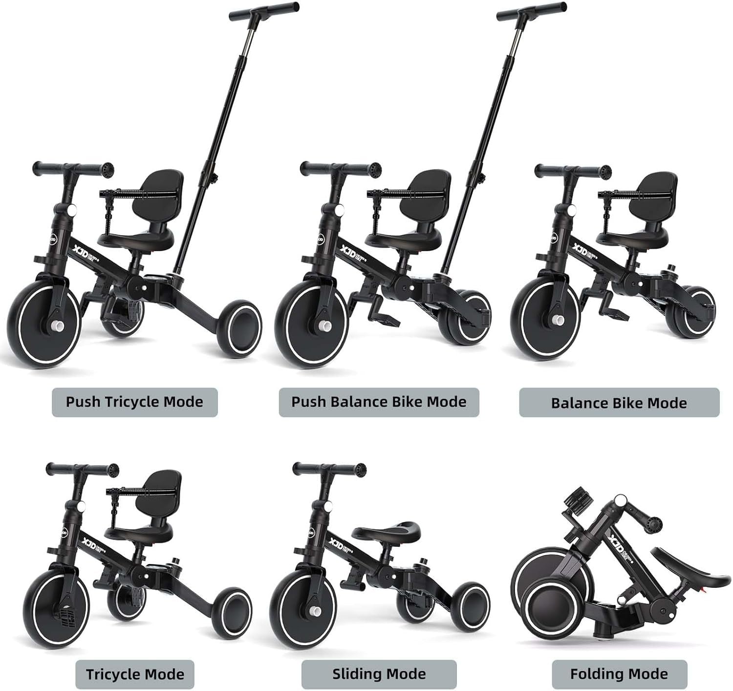 6 in 1 Foldable Toddler Tricycle Push Bike Adjustable Handle Black 1-4Y