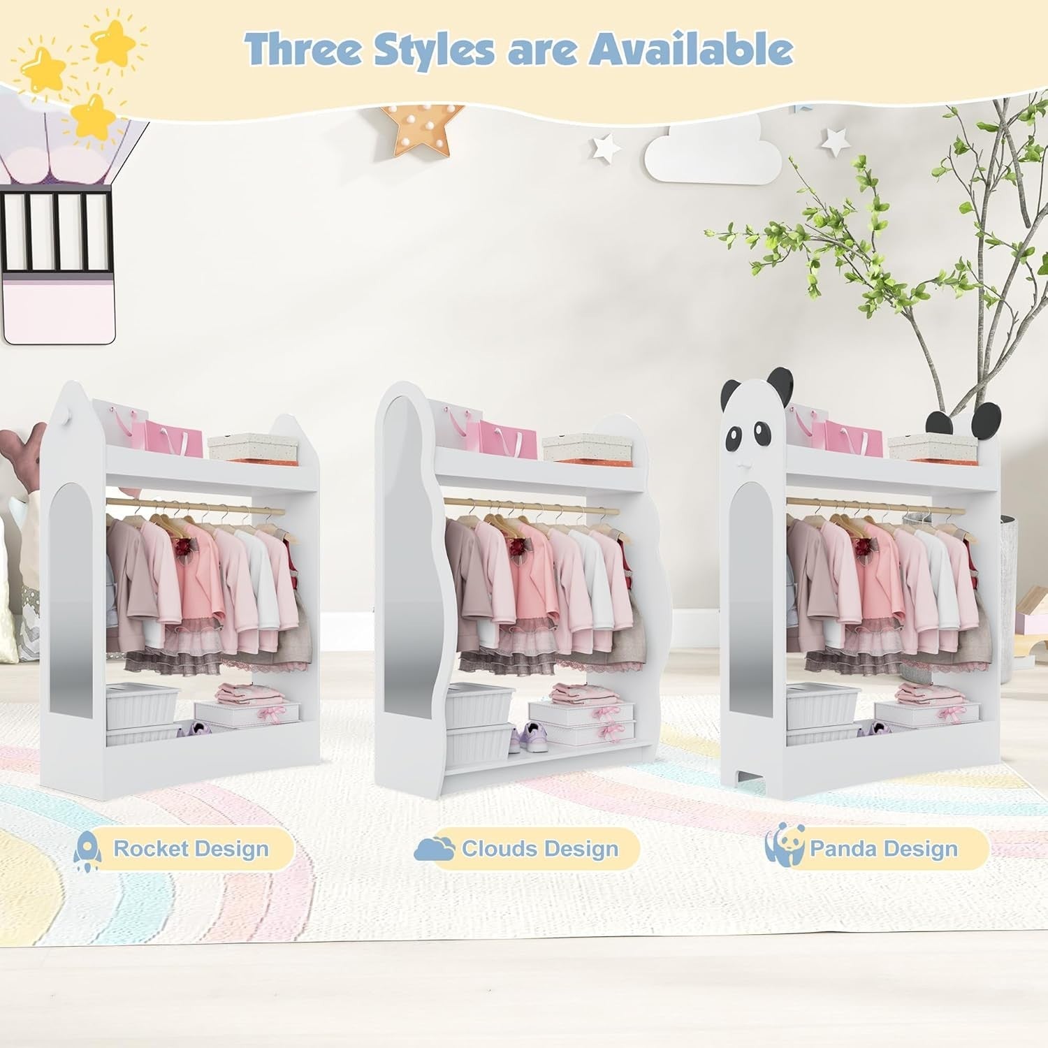 Kids Wardrobe with Mirror & Hanging Rail, No Drawer, White Rocket Design