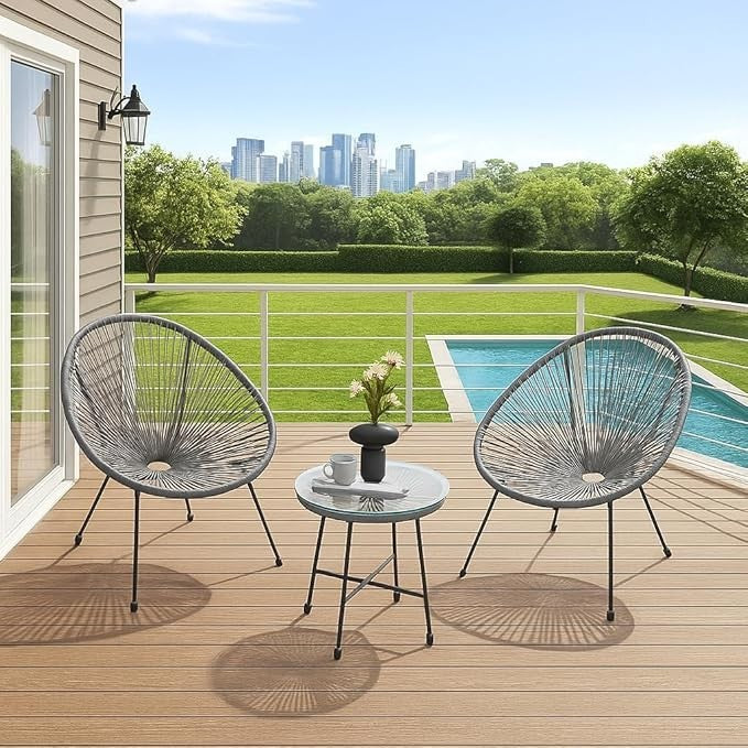 3pc Rattan Bistro Set Outdoor Chairs & Glass Table Garden Patio Furniture