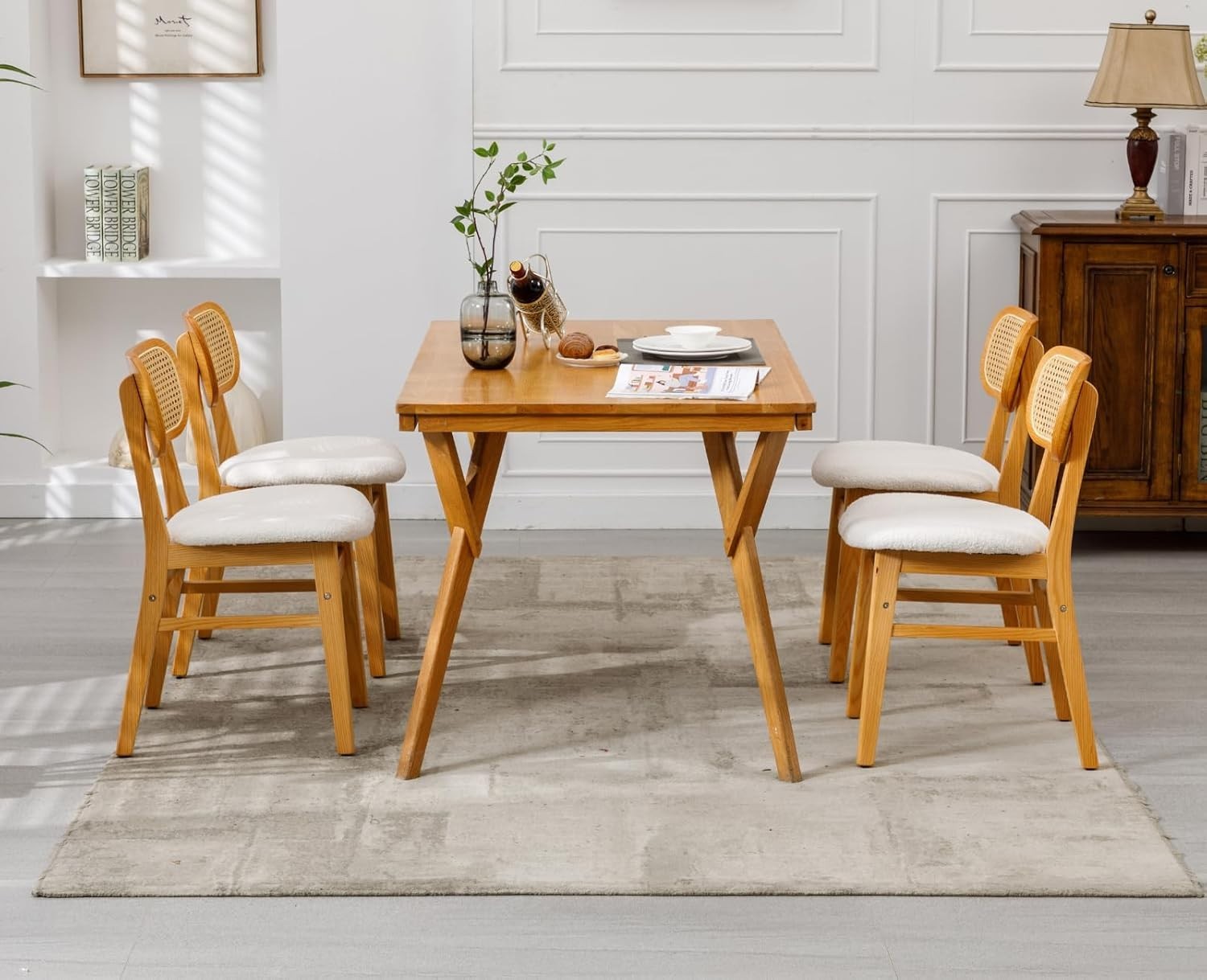 Set of 2 Rattan Dining Chairs Beige Fabric Seat Wooden Legs Kitchen