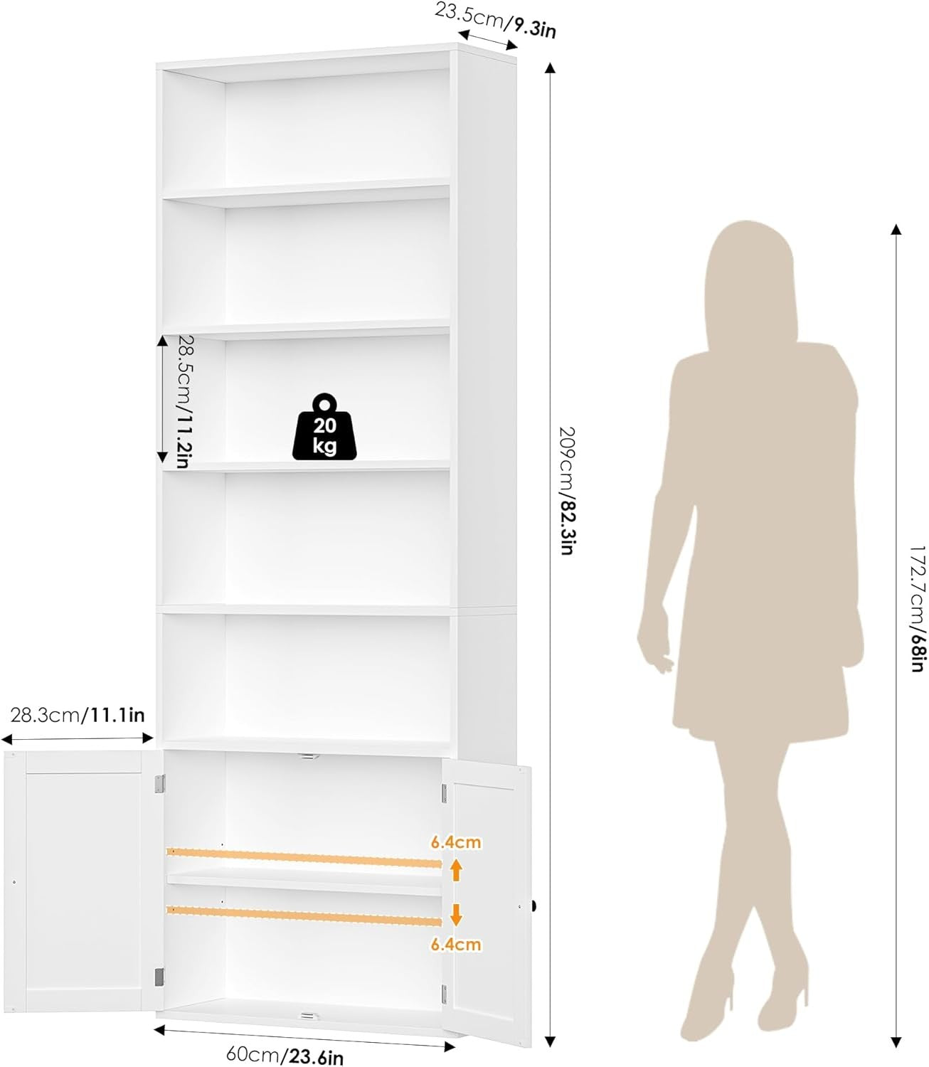 Tall White 7-Tier Bookcase with Doors Modern Storage Cabinet Adjustable Shelves
