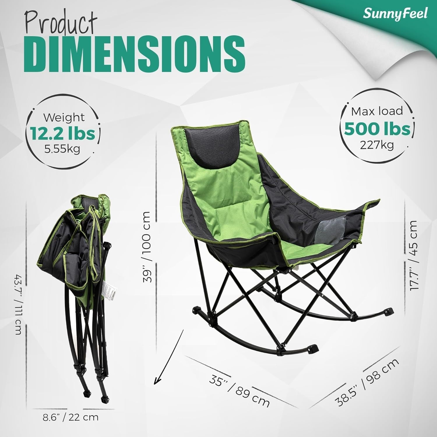 Folding Camping Rocking Chair Recliner, Heavy Duty Outdoor Seat 107x96x59cm