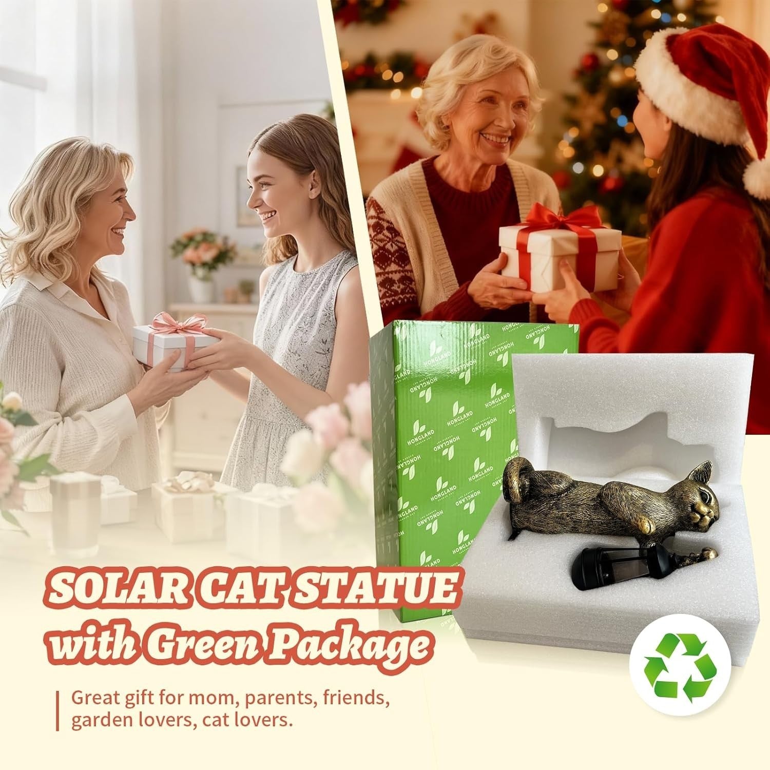 Solar Cat Garden Statue with Lantern Outdoor Resin Ornament LED Yard Decor