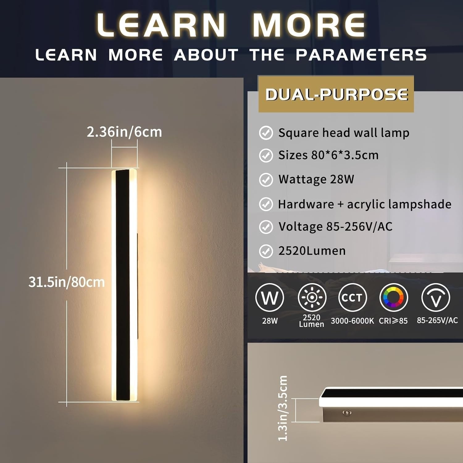 Outdoor Waterproof LED Wall Light 80cm, 3-Color Change, 2 Pack, Modern