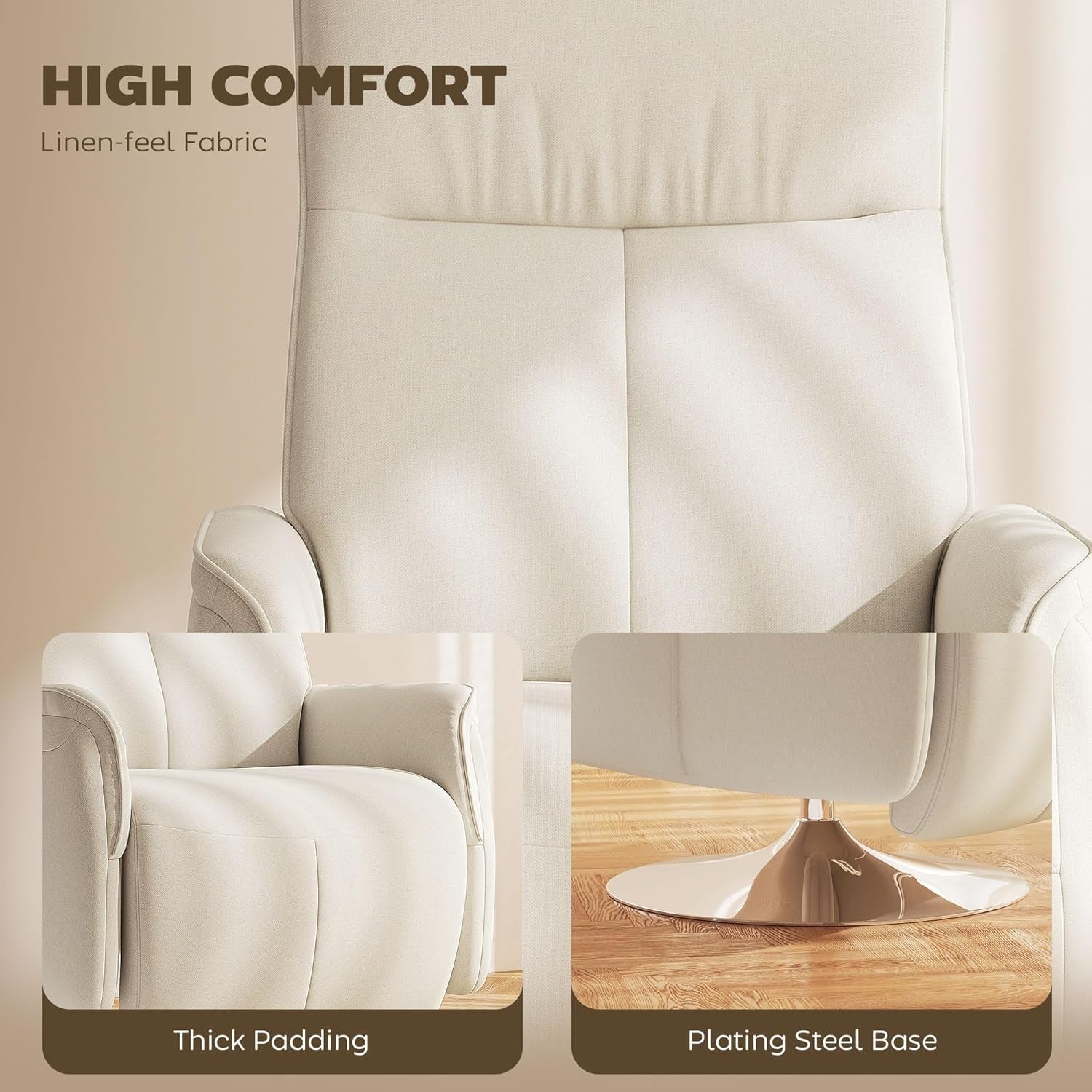 Massage Recliner Chair Footstool 10-Point Swivel Linen Armchair Cream White