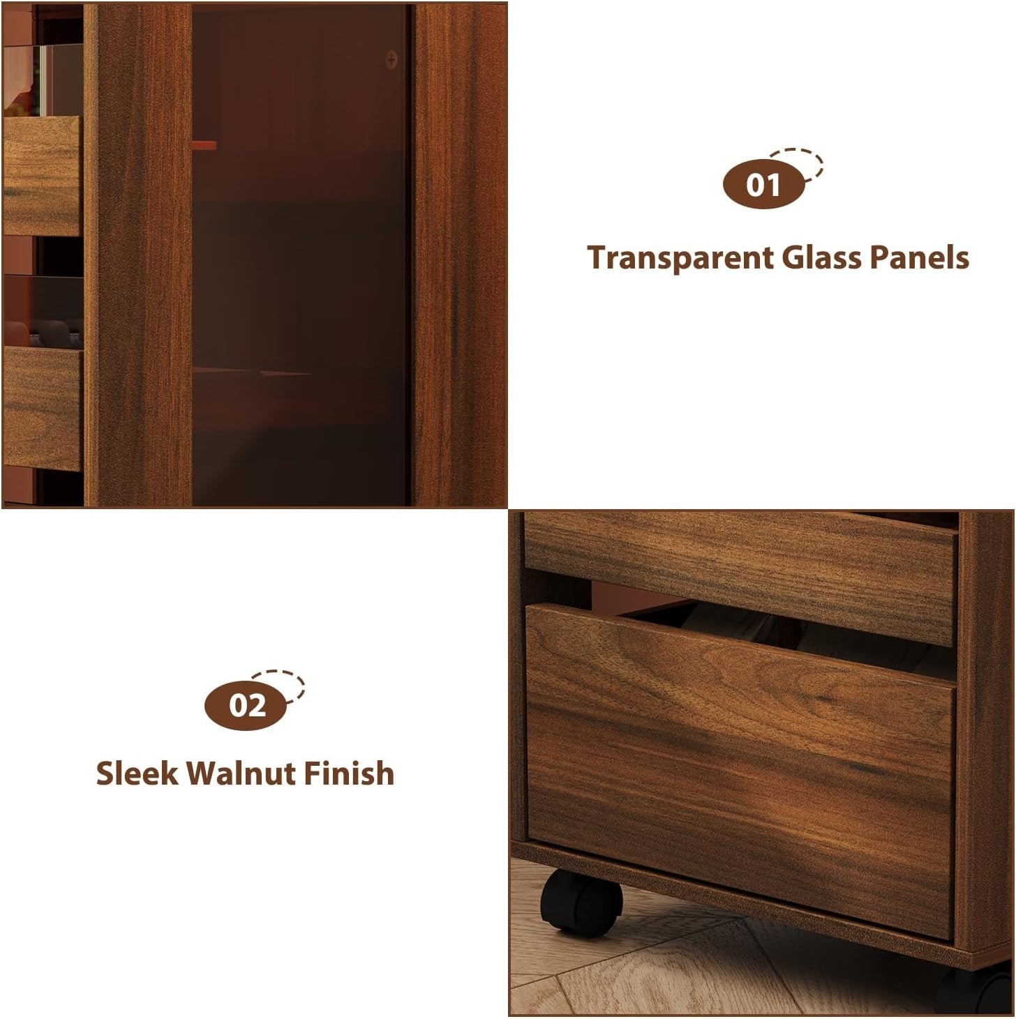 Glass Drinks Trolley on Wheels 5 Drawer Bar Cart Storage Cabinet Walnut