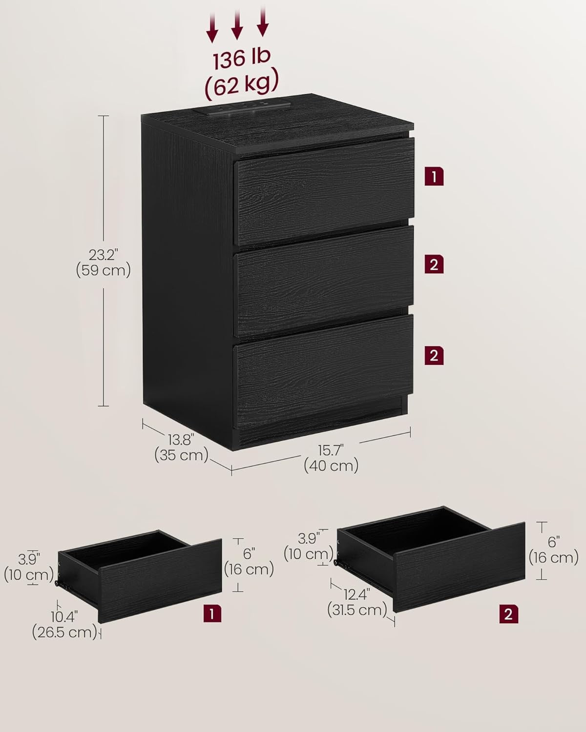Black Bedside Table with Charging Station, 3 Drawers, USB & AC Ports, Modern