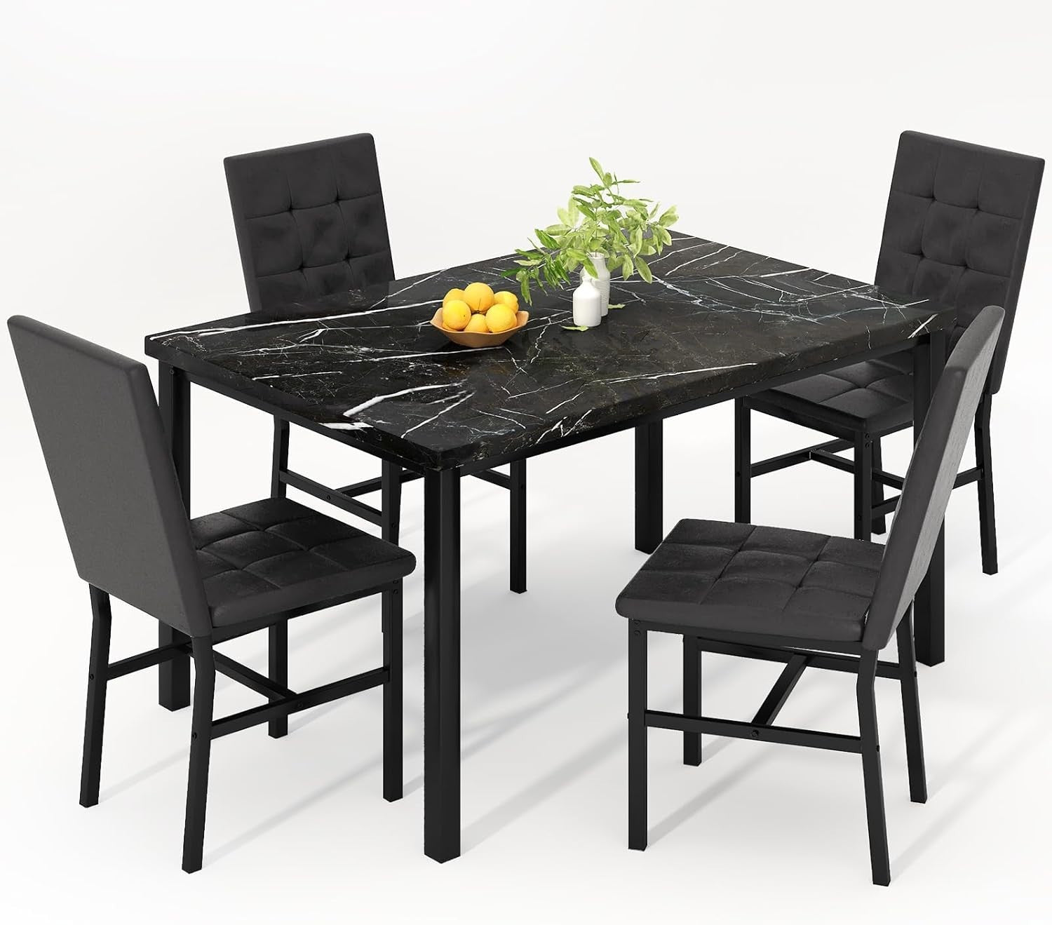 Black Marble Dining Table Set with 4 Leather Chairs Modern 120cm Kitchen
