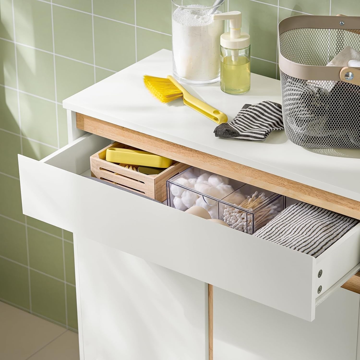 Slim Bathroom Storage Cabinet with Drawer & Laundry Basket White Unit