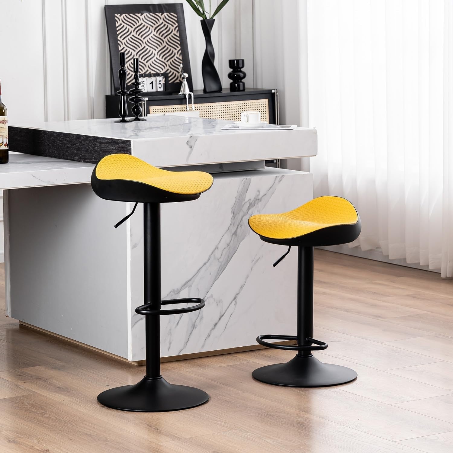 Yellow PU Leather Woven Swivel Bar Stools Set of 2 Height Adjustable Counter