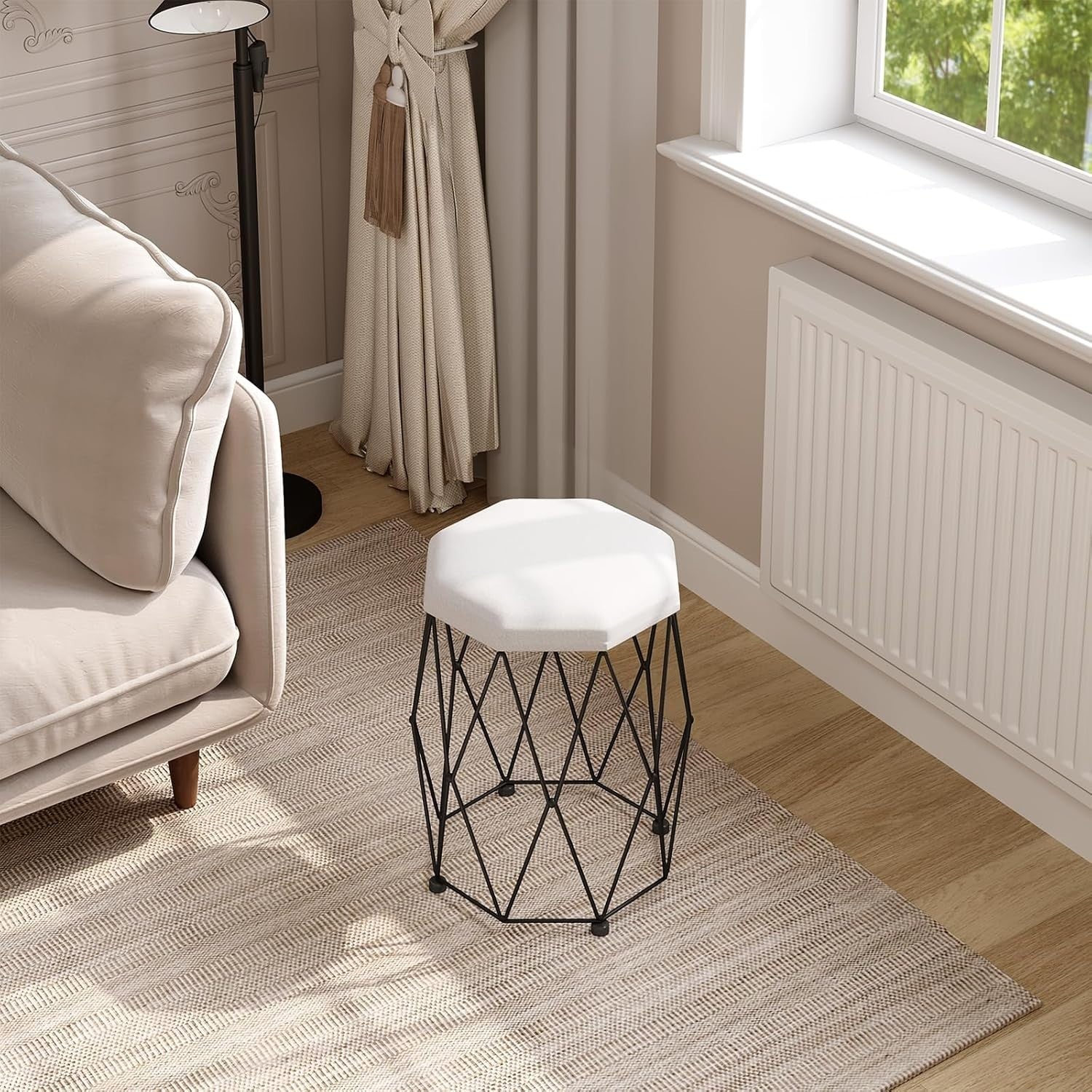 Black & White Velvet Vanity Stool Round Padded Dressing Table Seat Metal
