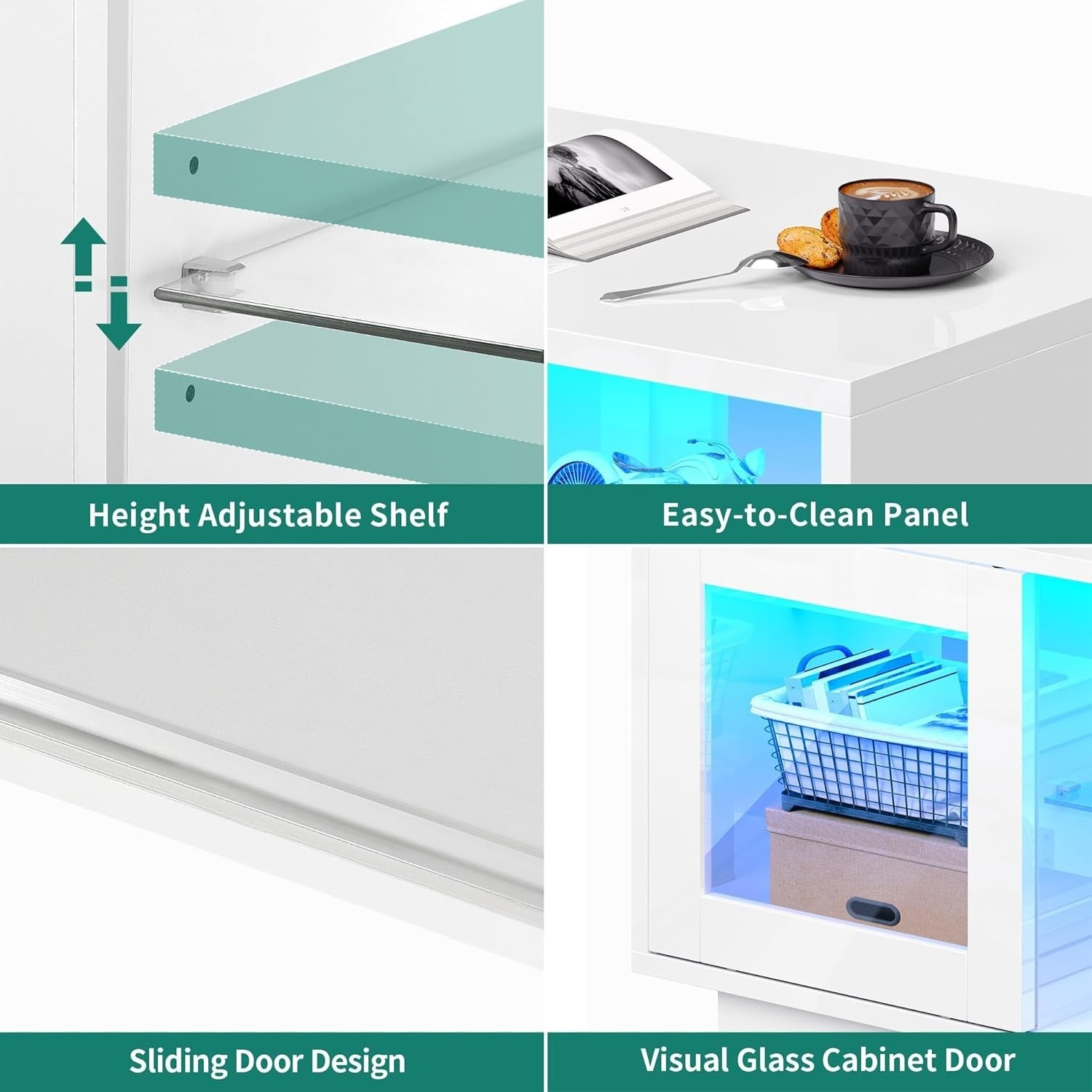 Modern White LED Coffee Table with Adjustable Glass Shelves 80x40x45cm