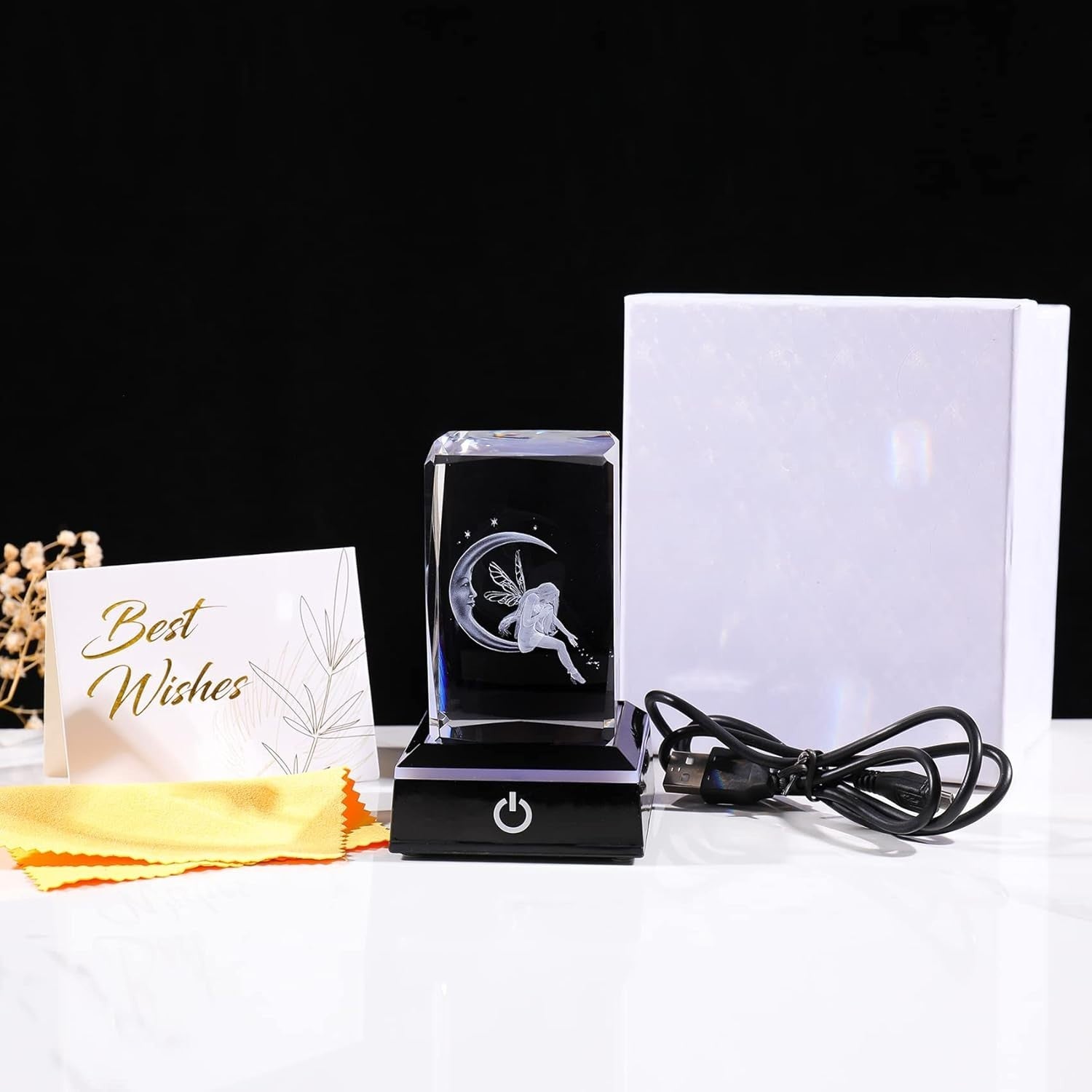 3D Crystal Fairy & Moon LED Light Cube Ornament Gift for Women Girls Bedroom