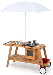 Wooden Mud Kitchen Outdoor Kids Cooking Cart w Umbrella Sink Wheels