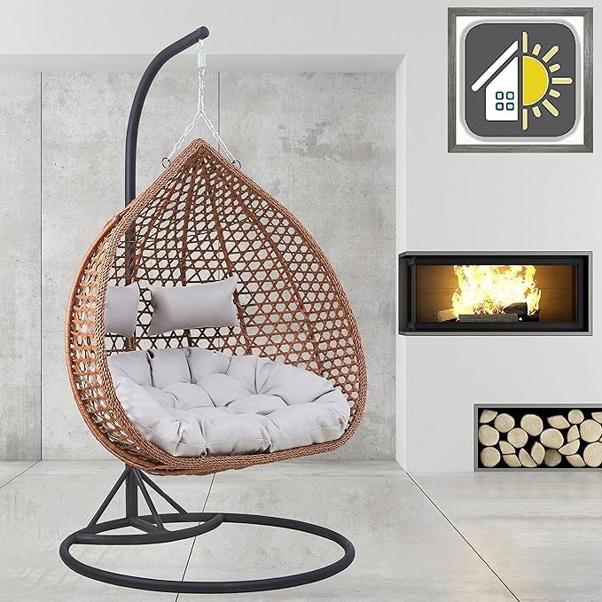 Double Rattan Egg Swing Chair w/ Cushions & Cover – Indoor Outdoor Hammock