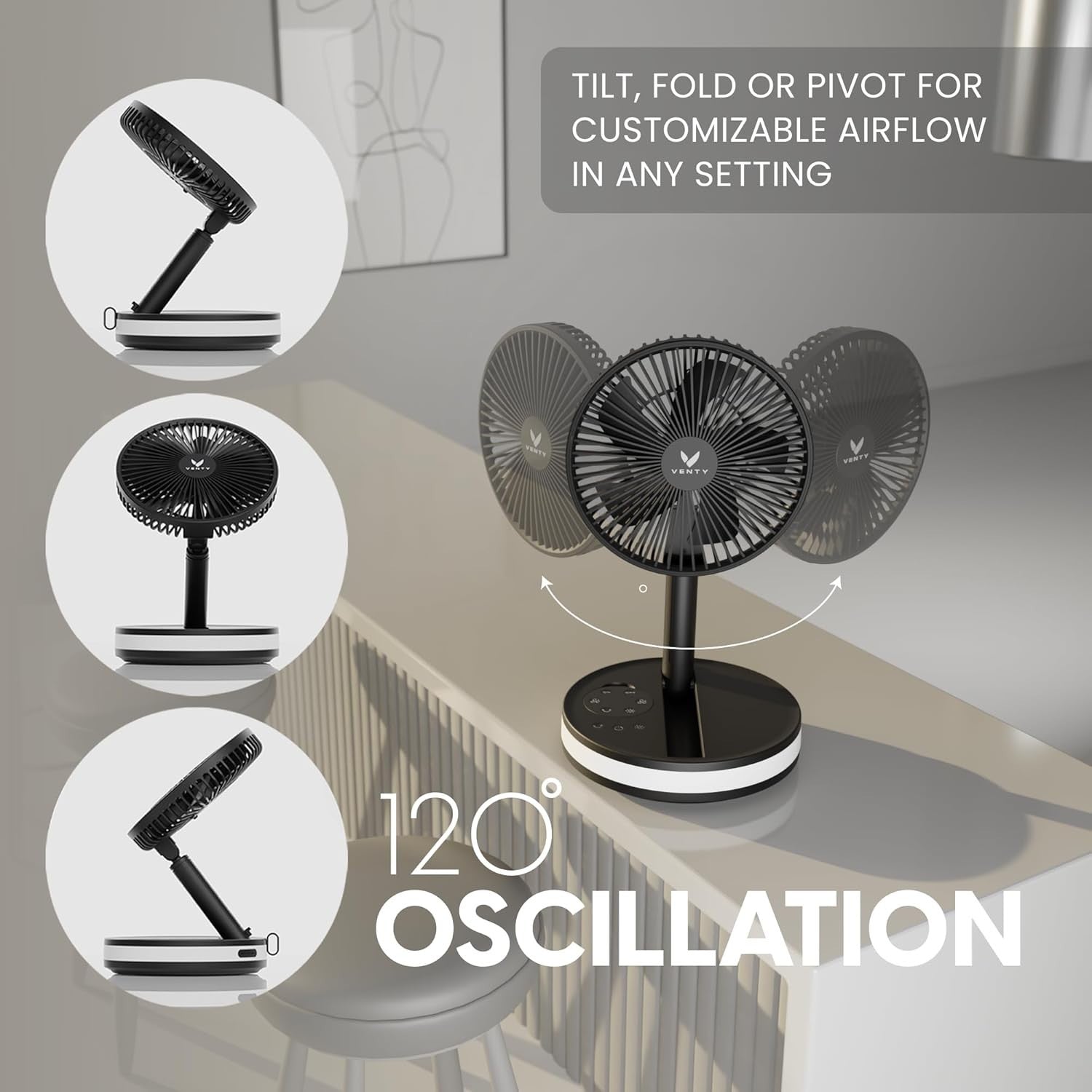 Portable Foldable Fan 4-Speed w Remote LED Light USB-C Rechargeable Black w Case