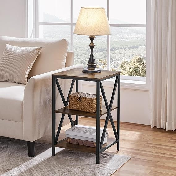 Rustic Brown 3-Tier Industrial Side Table | X-Frame Bedside Nightstand
