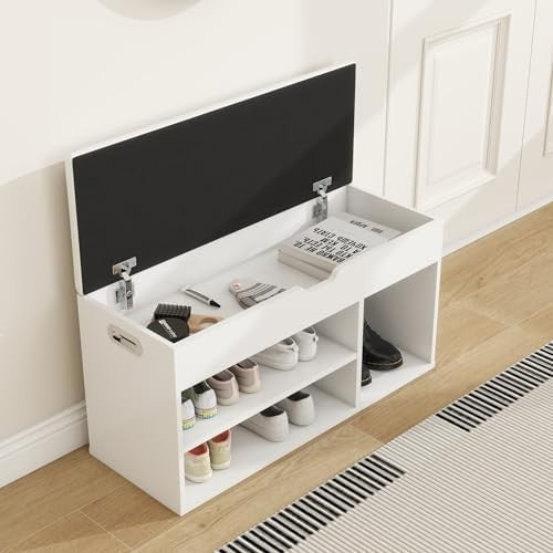 Modern White Shoe Bench with Padded Seat & Hidden Storage | Entryway