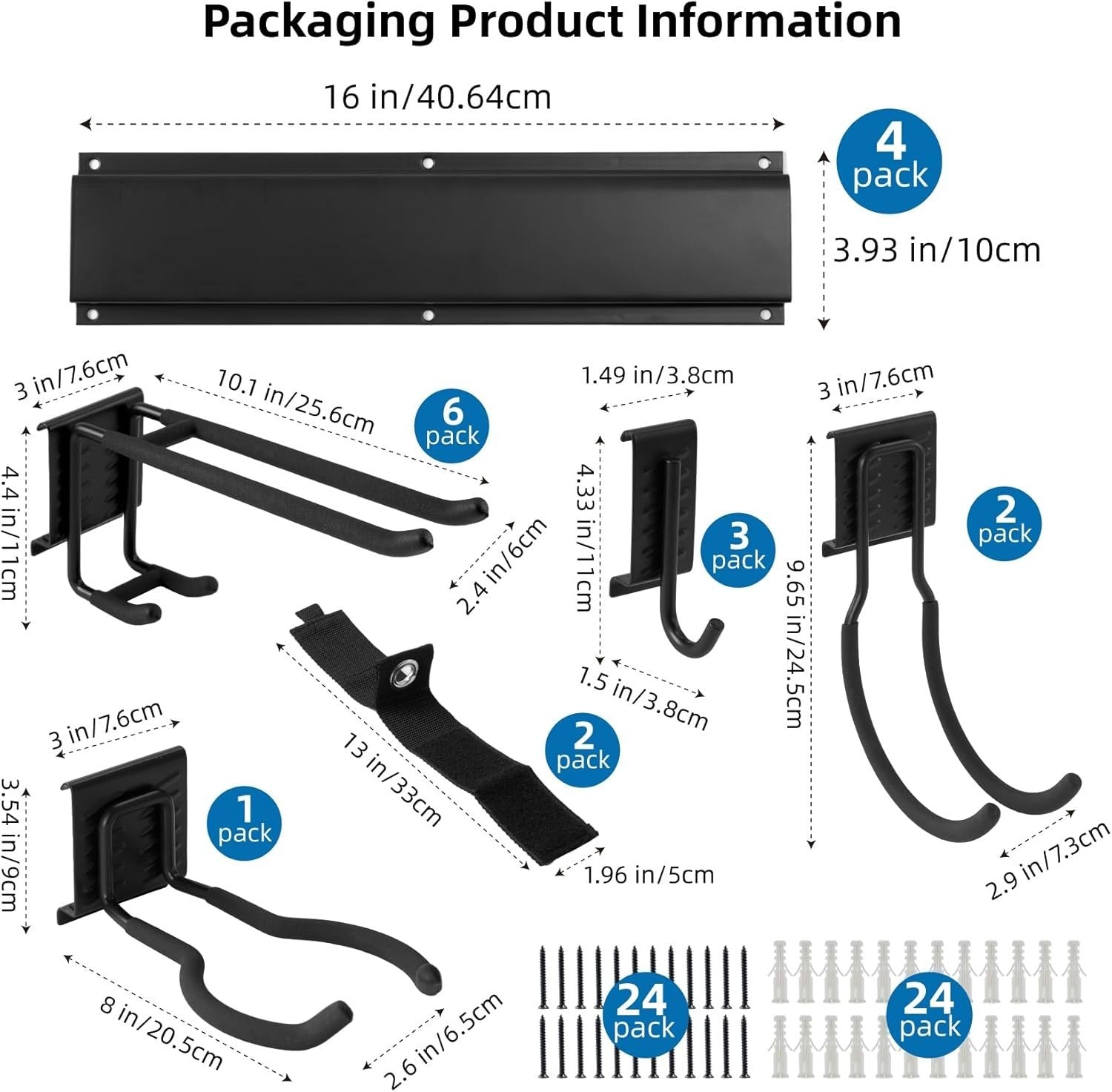 Garage Tool Rack Wall Mounted 12 Adjustable Hooks 2 Semicircle Black