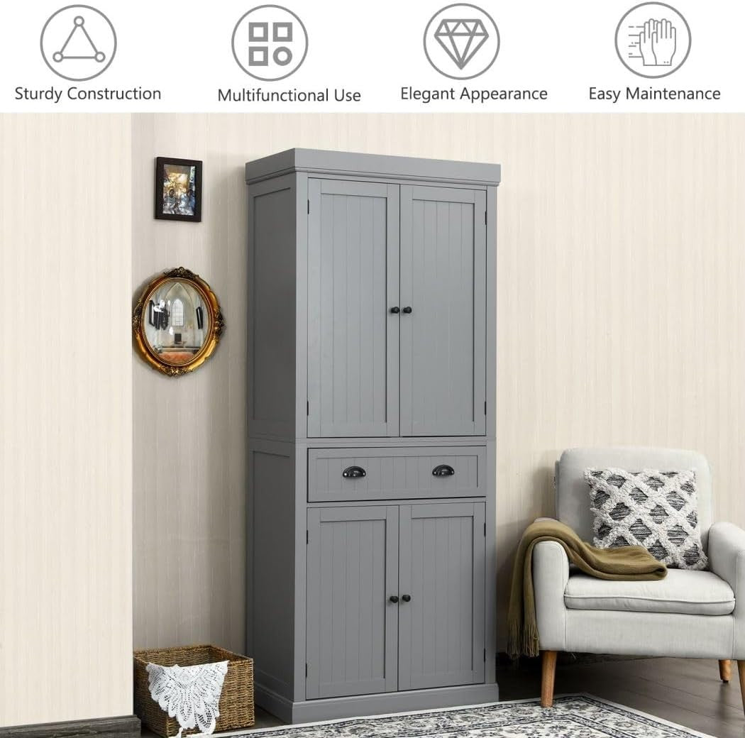 Grey Tall Kitchen Cupboard 4-Door Pantry Cabinet Drawer 183cm