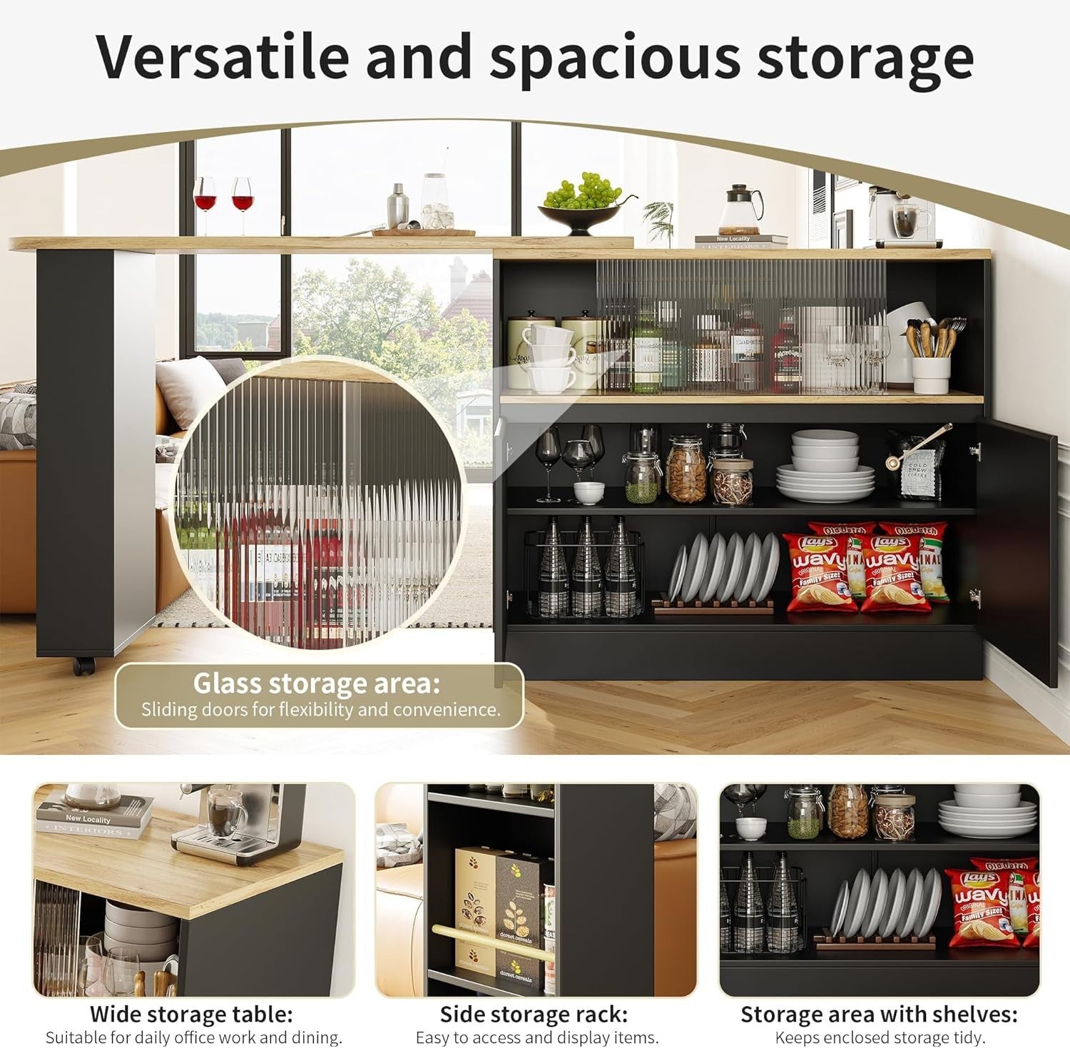 360° Swivel Kitchen Island with Storage Cabinet, Extendable Bar Table 90x45x100