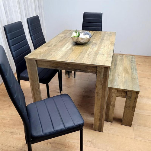 Rustic Dining Table Set with 4 Black Leather Chairs & Bench, 6 Seater