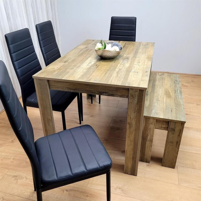 Rustic Dining Table Set with 4 Black Leather Chairs & Bench, 6 Seater