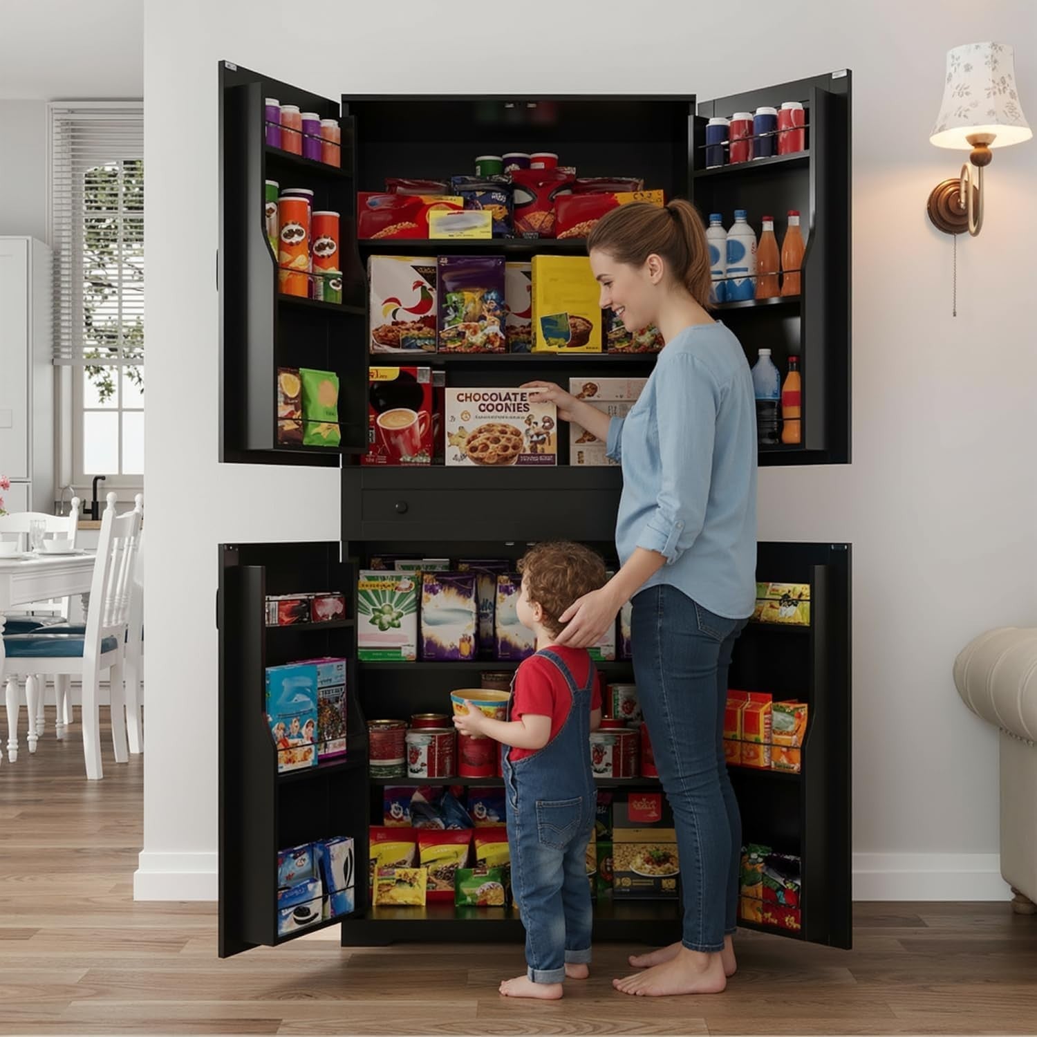 Tall Kitchen Cabinet 4 Doors 1 Drawer 4 Adjustable Shelves Black