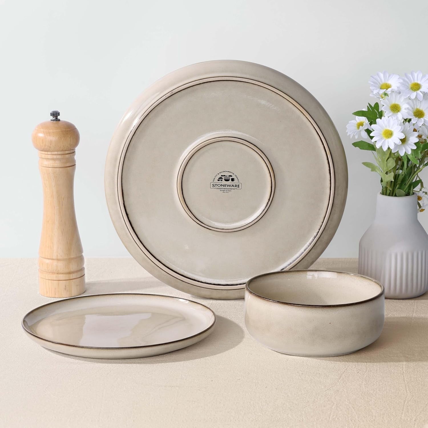 12pc Stoneware Dinner Set Plates Bowls Microwave Dishwasher Safe Cream