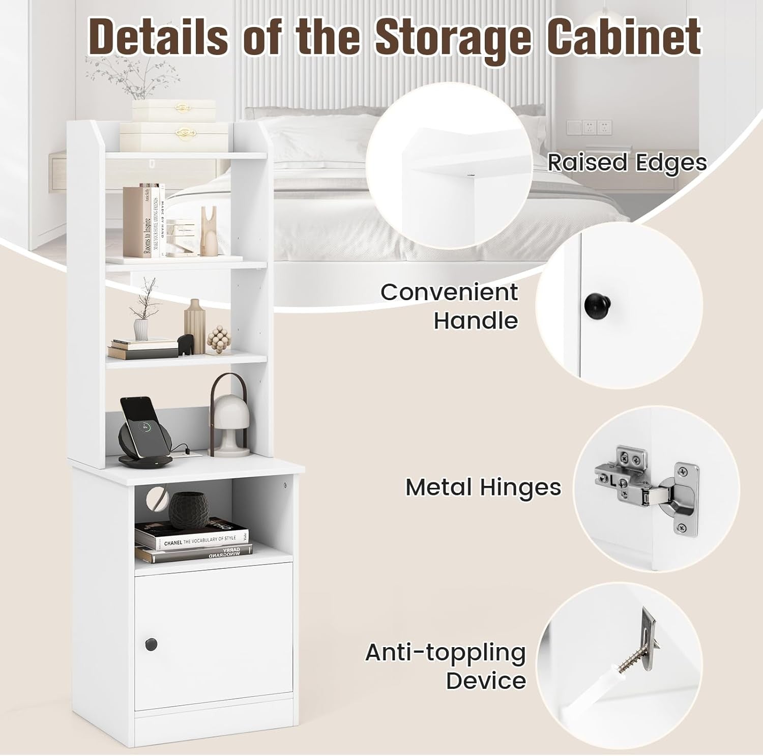 140cm Tall White Bedside Table with Charging Station & Adjustable Bookshelf Stor