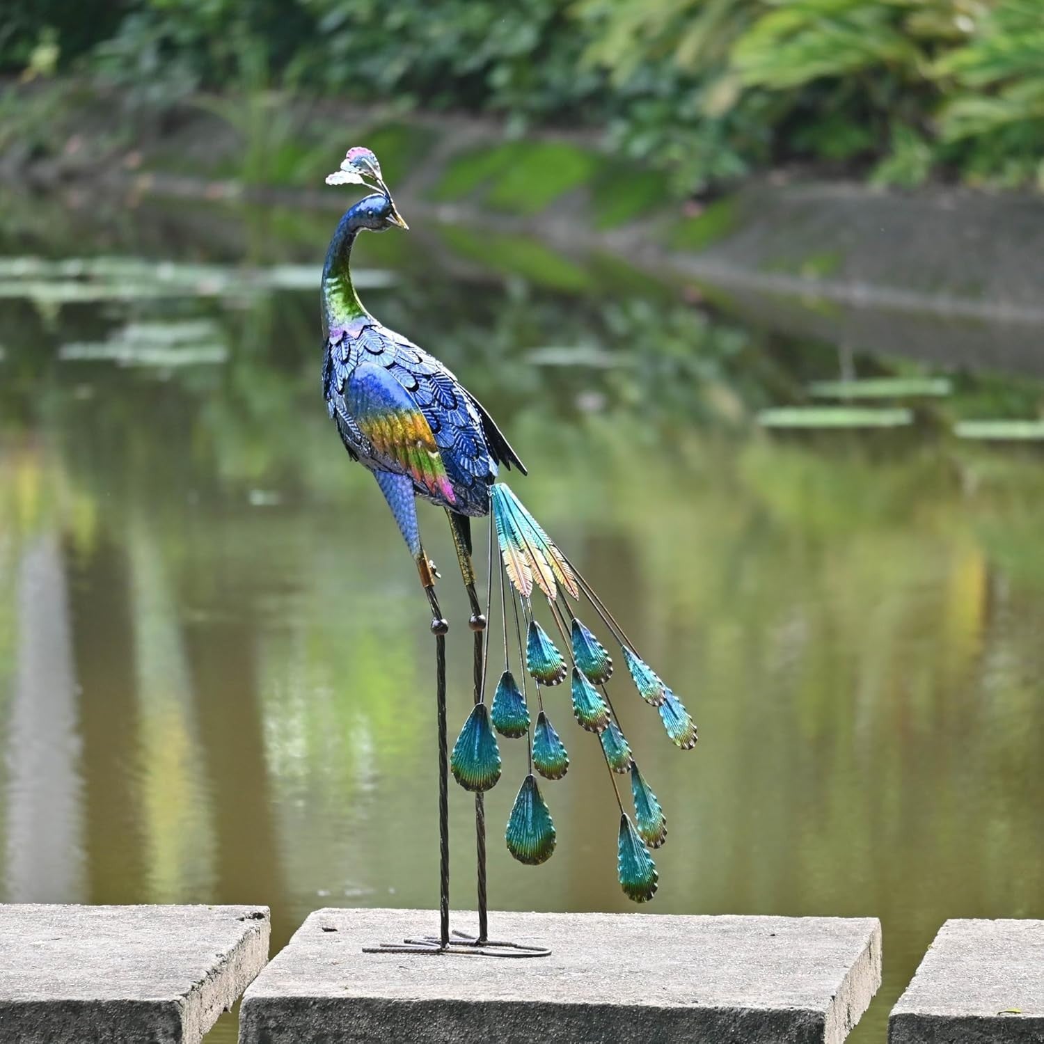 Large 35" Metal Peacock Garden Statue – Outdoor Lawn Ornament Bird Sculpture