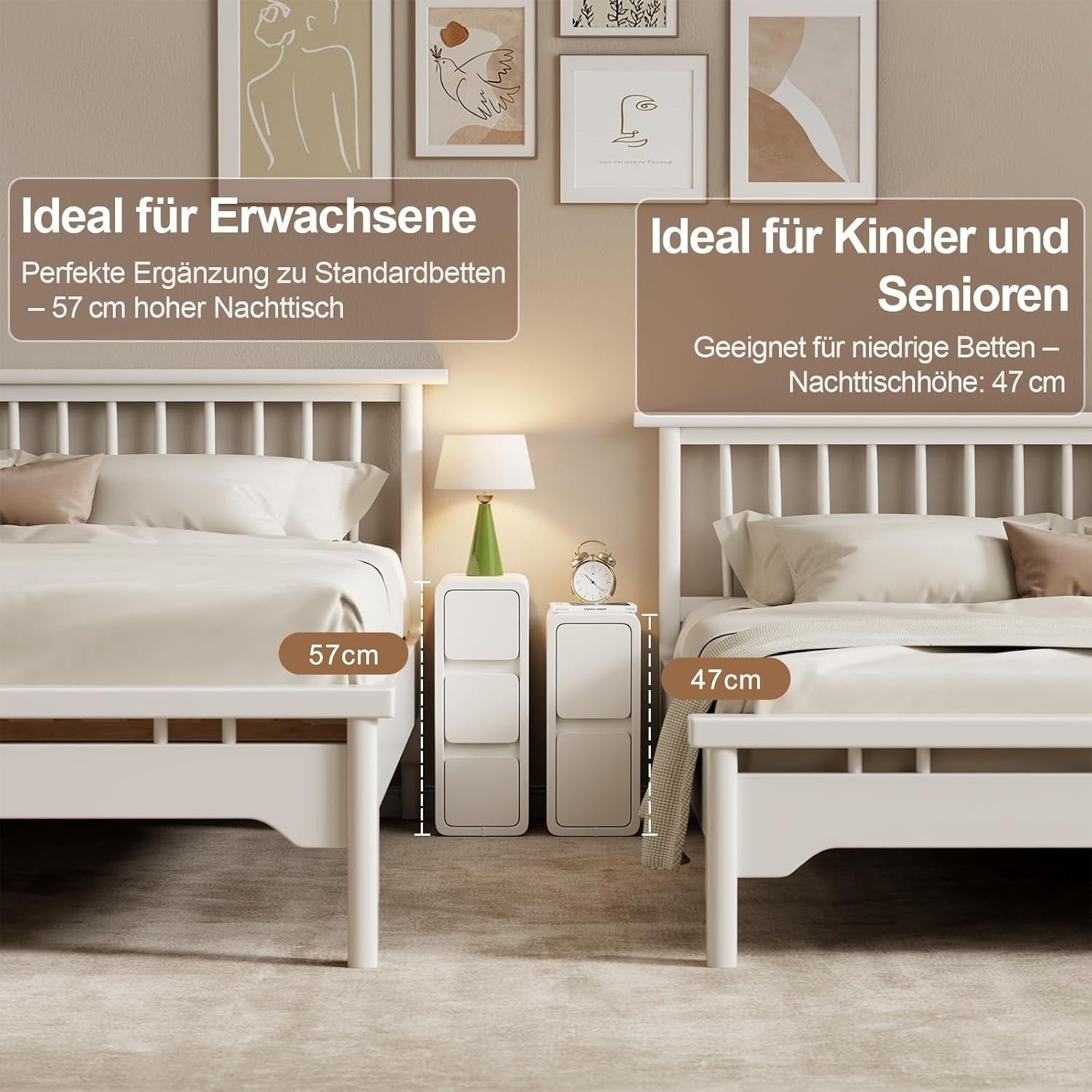 Slim White Bedside Table with 2 Drawers, Narrow Leather-Finish Nightstand