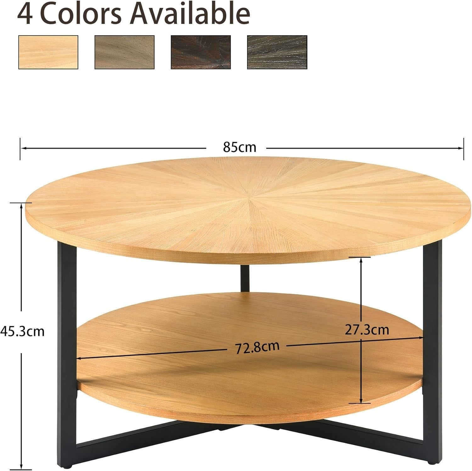Round 2-Tier Solid Wood Coffee Table with Storage & Black Metal Legs 85cm