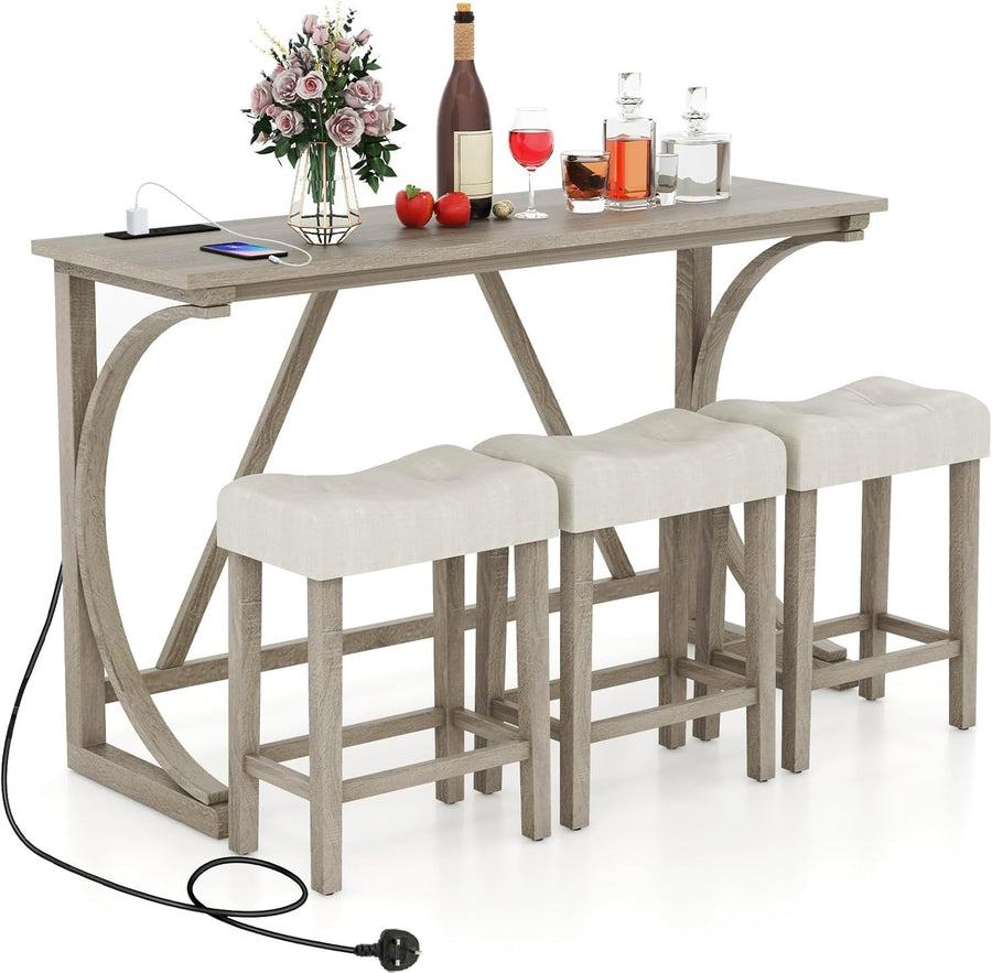 Counter Height Bar Table Set with Power Outlet, 4-Piece Dining Set with Stools